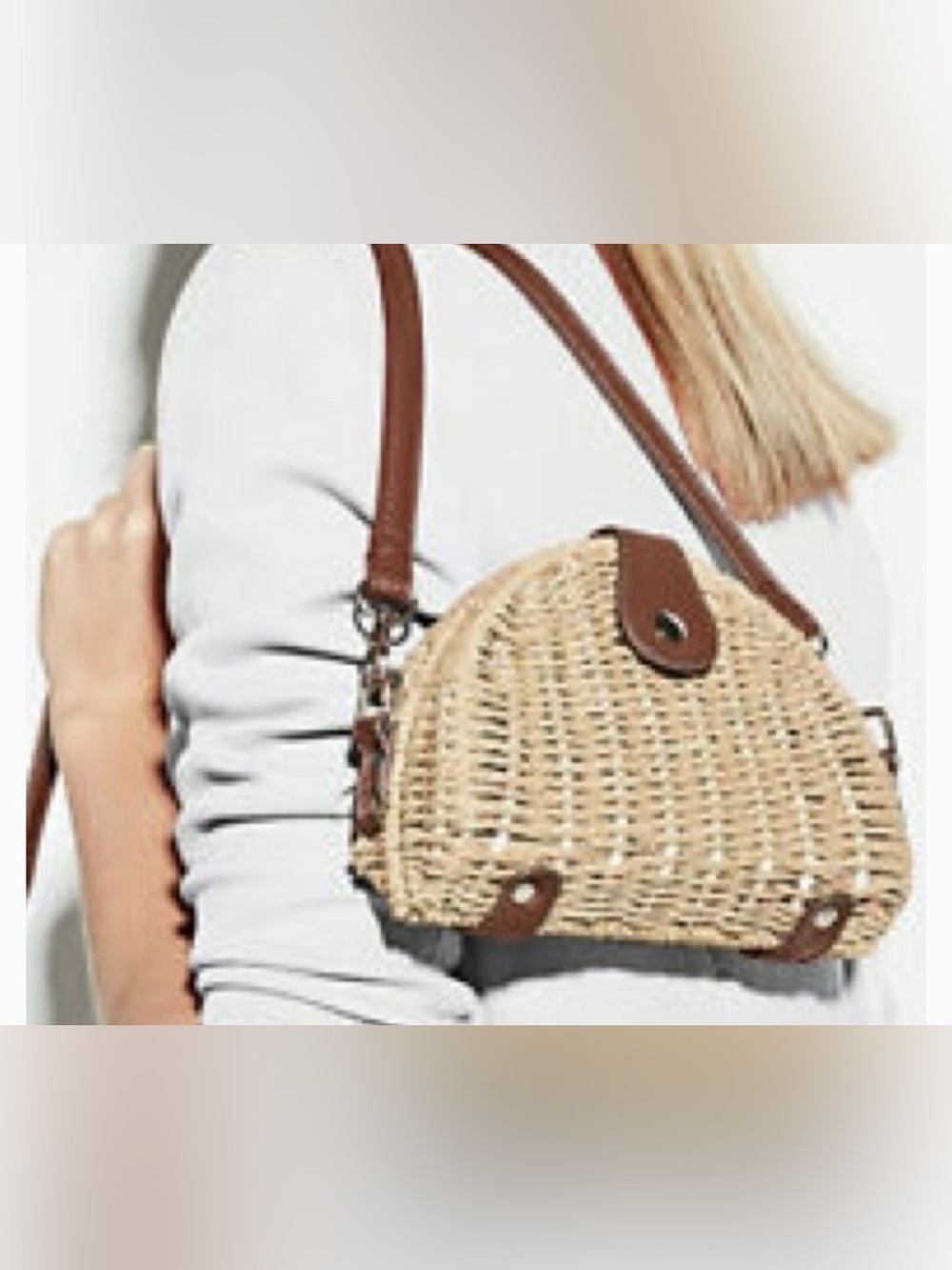White House Black Market Natural Straw Crossbody with Brown Trim